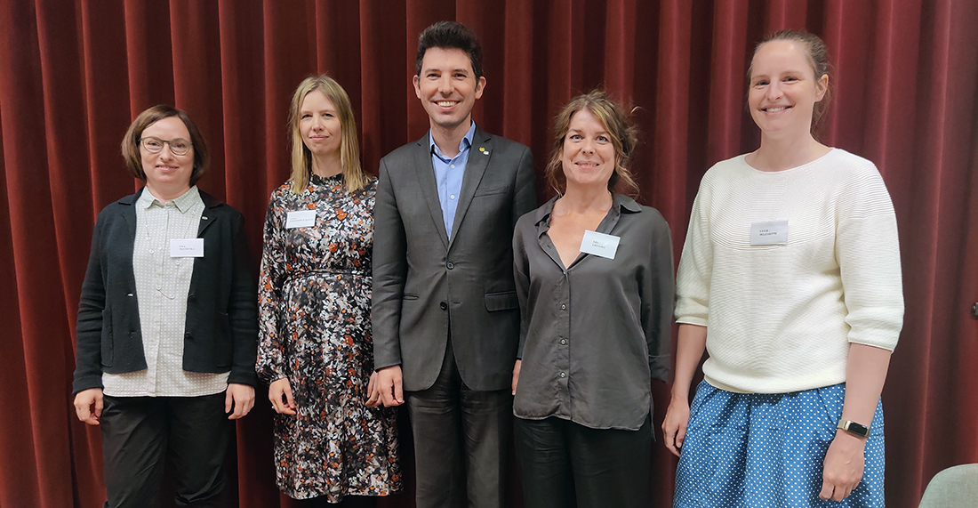 Ewa Machotka, Linda Andersson Burnett, Philippe Thassin, Mia Liinason (chair) and Lucy Delemotte at the symposium on internationalization and academic mobility. Photo: YAS.