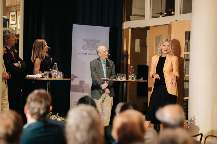 Bild: panelsamtal, tre personer i bild på scen