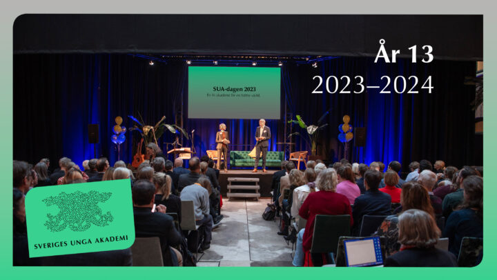 Bild: omslag årsberättelse, grön-grå övertoning, text: År 13 2023–2024. Logo Sveriges unga akademi. Bild två personer p scen i fonden framför publik. Text SUA-dagen på duk.