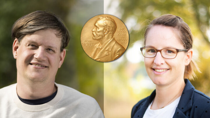 Bild: ansiktsporträtt en kvinna en man, Nobelmedalj i mitten
