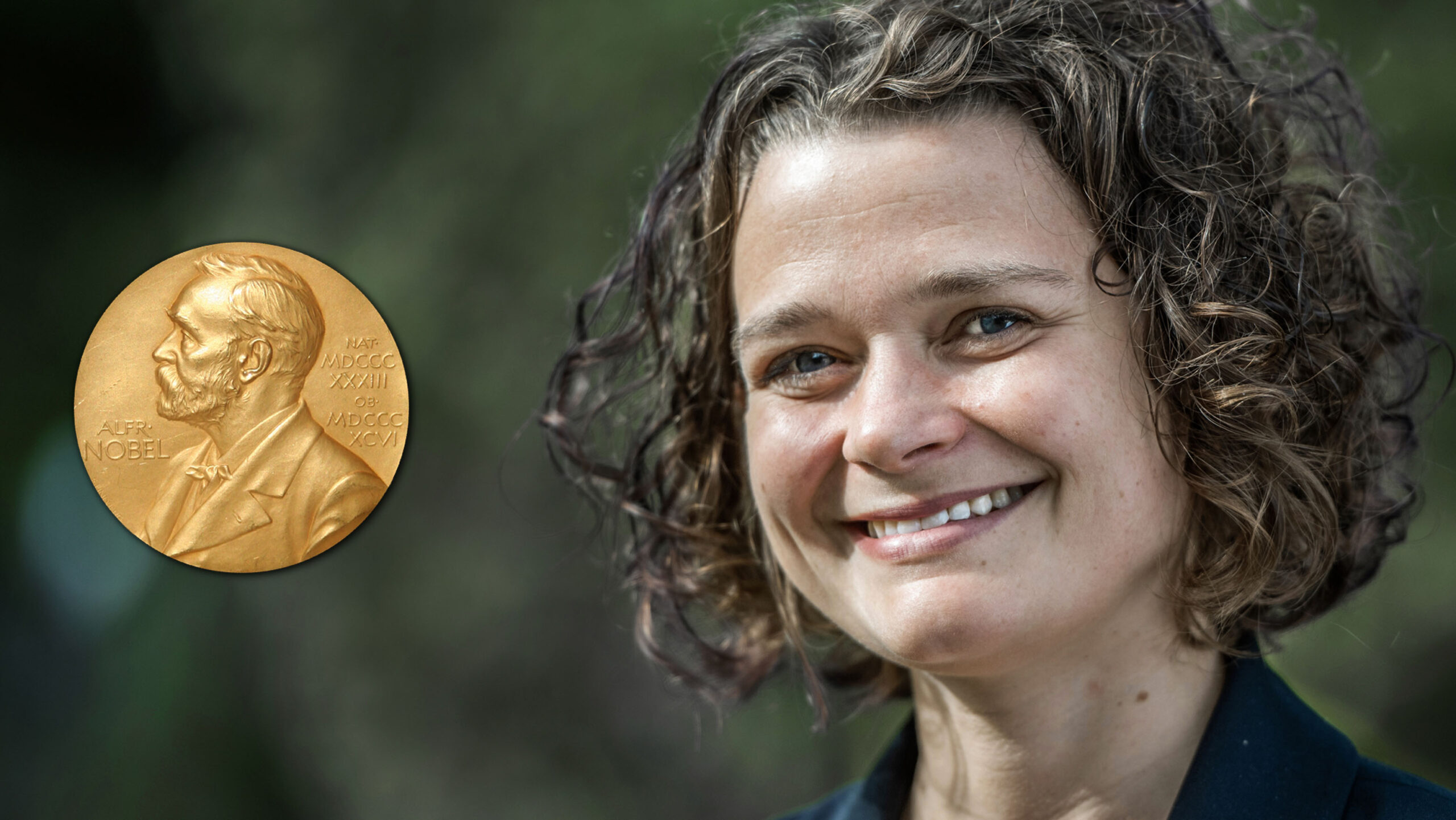 Bild: utomhusporträtt kvinna, Nobelmedalj till vänster